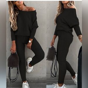 CHICME NIP S Black Ribbed Knit 2-piece set skew loose top stretchy tight Pants